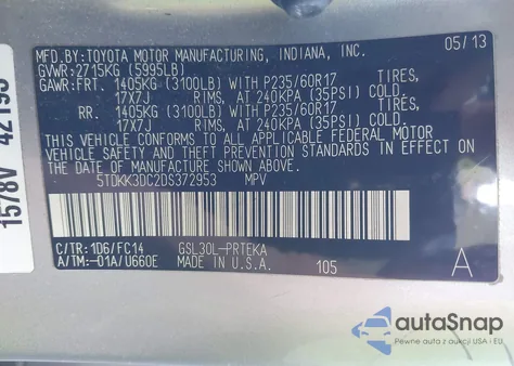 2013 Toyota Sienna Le V6 8 Passenger from USA, damaged, VIN 5TDKK3DC2DS372953